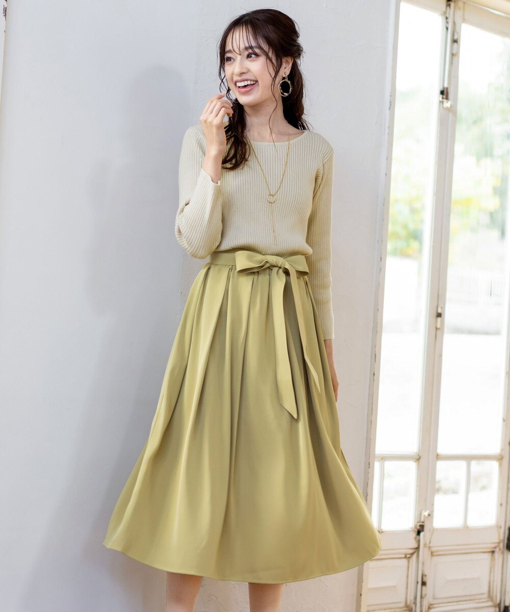 【洗える】異素材を組み合わせたミモレ丈リブコンビワンピース