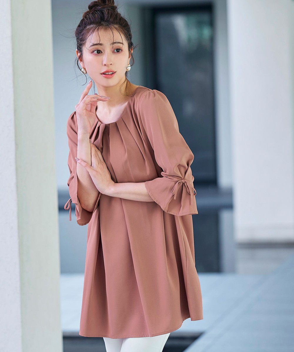 【洗える】リボン付きタックスリーブチュニック