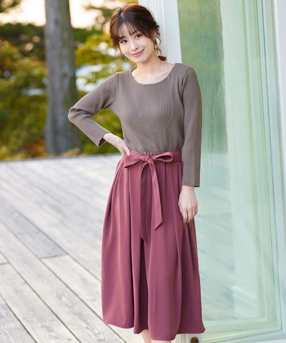 【洗える】異素材を組み合わせたミモレ丈リブコンビワンピース
