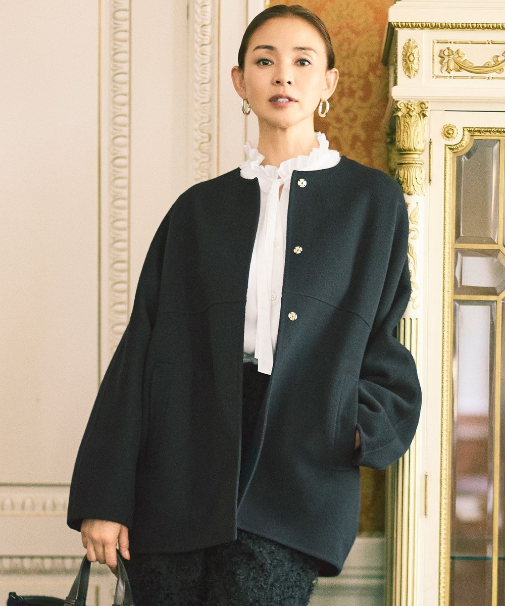【オンワード】 自由区 L(大きいサイズ)>ジャケット/アウター 【17号サイズまで展開・SHIHOさん着用】ウールリバーノーカラー コート ブラック 44 レディース 【オンワード】 自由区 L(大きいサイズ)>ジャケット/アウター 【17号サイズまで展開・SHIHOさん着用】ウールリバーノーカラー コート ブラック 44 レディース