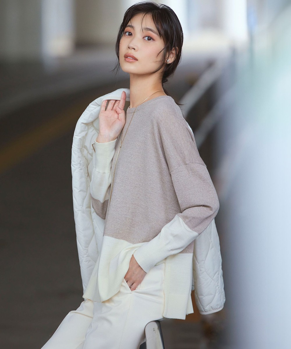 【オンワード】 23区 L(大きいサイズ)>トップス 【WEB限定カラーあり/洗える】ウーステッドウール ワイドシルエット ニット ベージュ×オフ 46 レディース 【オンワード】 23区 L(大きいサイズ)>トップス 【WEB限定カラーあり/洗える】ウーステッドウール ワイドシルエット ニット ベージュ×オフ 46 レディース