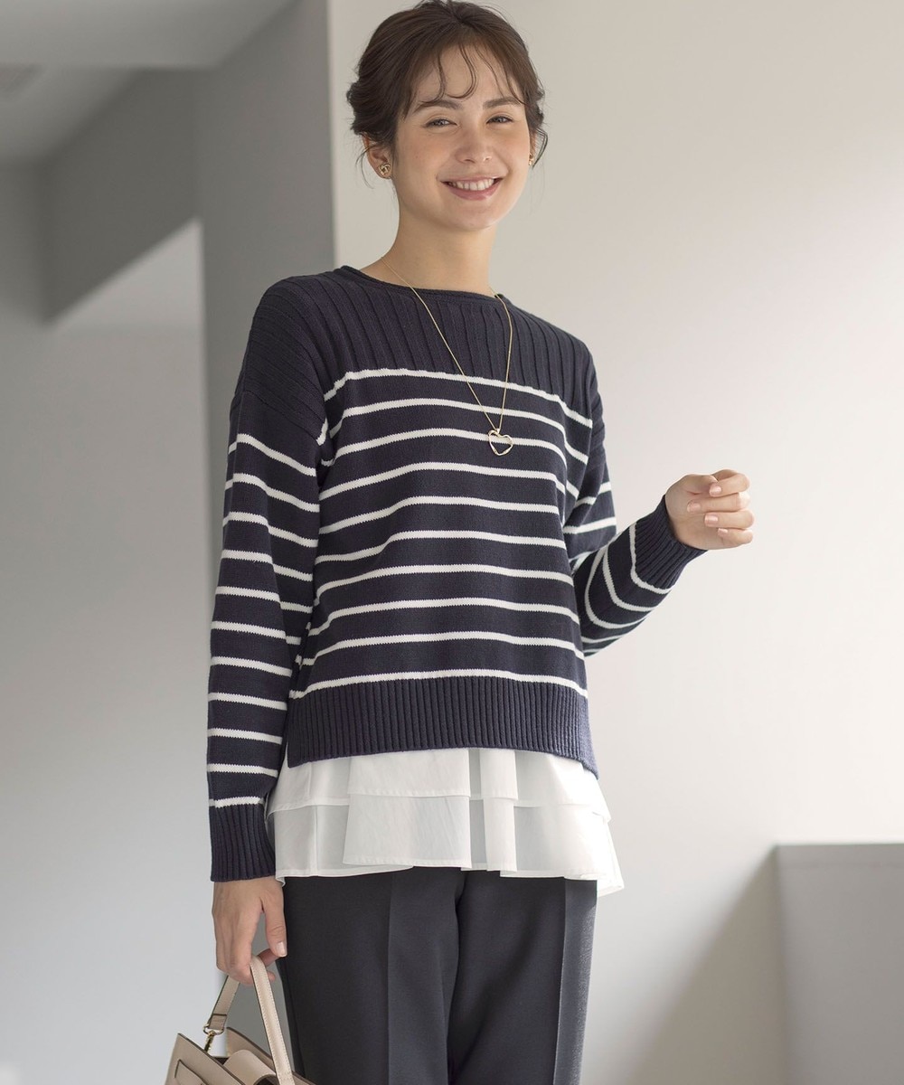 【オンワード】 組曲 L(大きいサイズ)>トップス 華奢見え パネルボーダーニット ネイビー×オフ 7 レディース