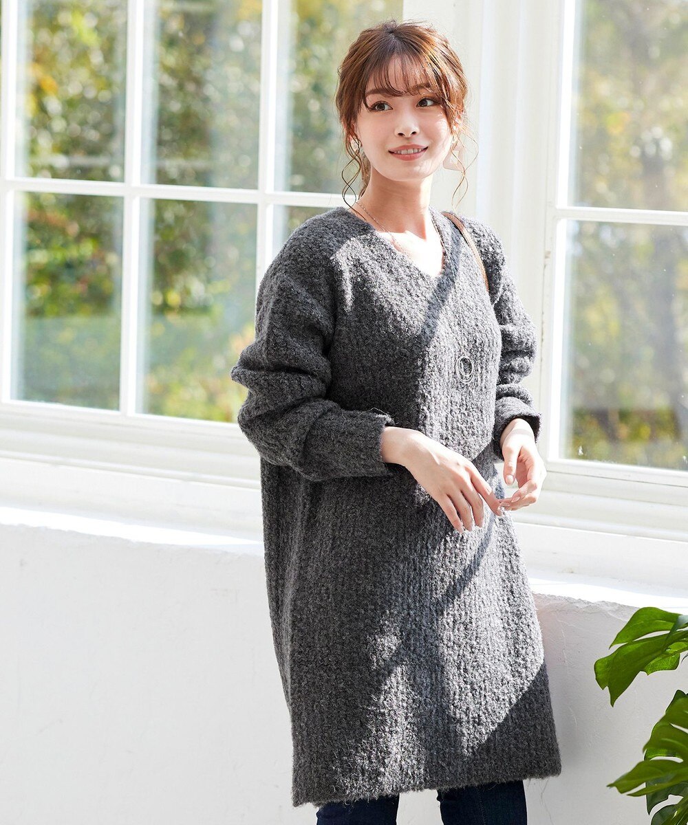 【洗える】小顔効果も叶うVネックMIX糸ニットチュニック