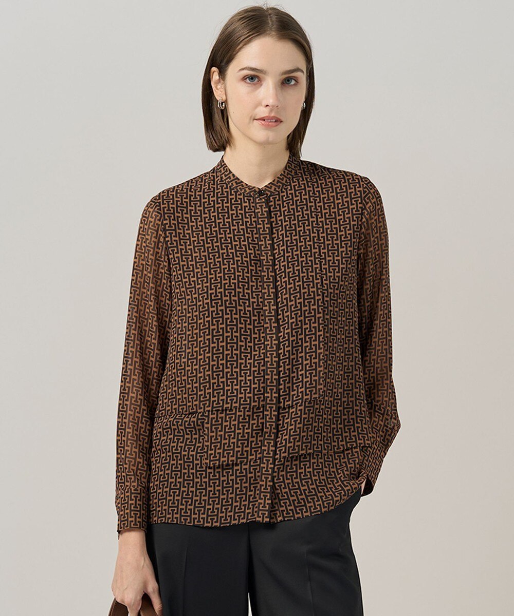 【オンワード】 ICB L（大きいサイズ）>トップス 【30th ANNIVERSARY】 モノグラムプリントシフォン バンドカラーブラウス キャメル×ブラック 42 レディース