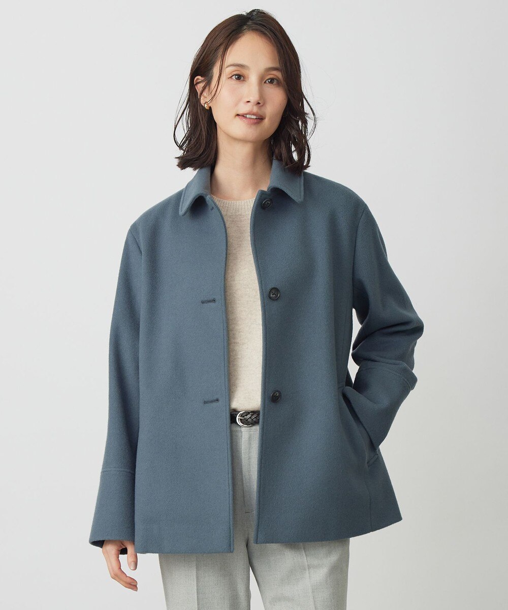 【オンワード】 J.PRESS LADIES L（大きいサイズ）>ジャケット/アウター ショートビーバー ショート丈 ステンカラー コート ティールブルー T13 レディース