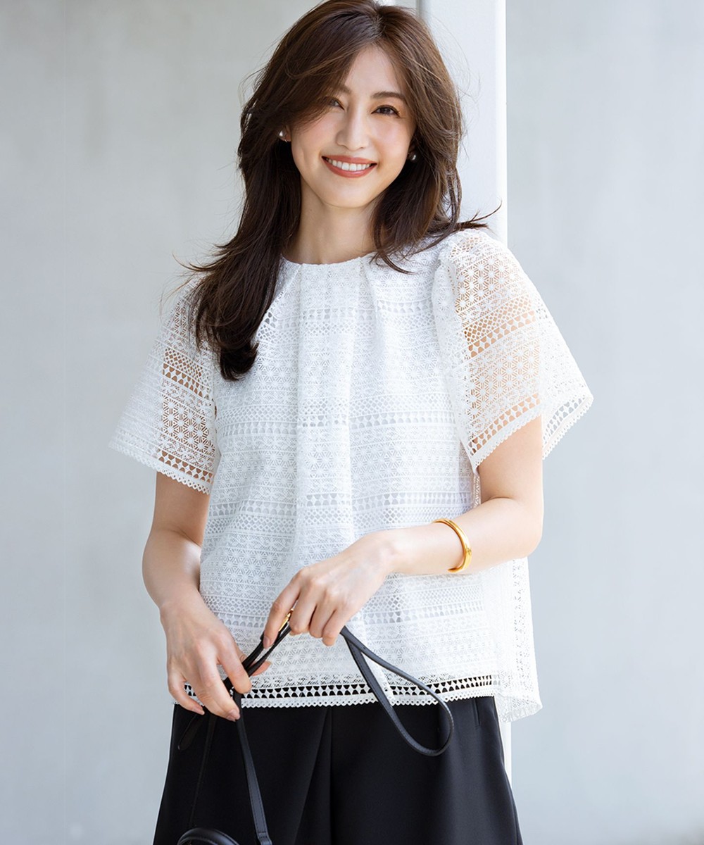 【オンワード】 組曲 S(小さいサイズ)>トップス ボーダーレース ブラウス パールホワイト S2 レディース 【オンワード】 組曲 S(小さいサイズ)>トップス ボーダーレース ブラウス パールホワイト S2 レディース