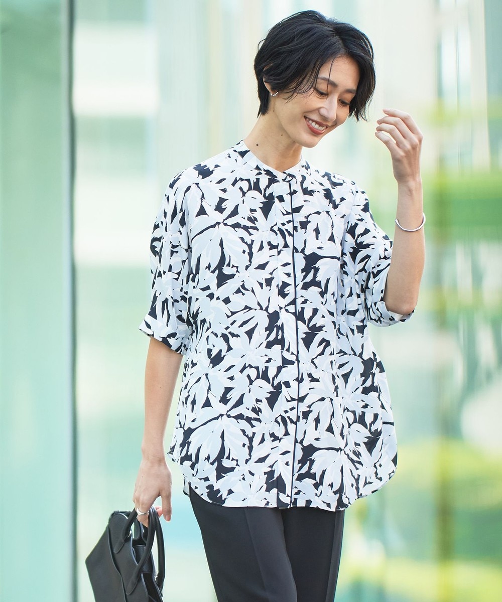 【オンワード】 ICB>トップス 【新色追加・接触冷感・UVケア・速乾・洗える】BackSatinAmunzen 5分袖バンドカラーブラウス ブラックベース XS レディース 【オンワード】 ICB>トップス 【新色追加・接触冷感・UVケア・速乾・洗える】BackSatinAmunzen 5分袖バンドカラーブラウス ブラックベース XS レディース