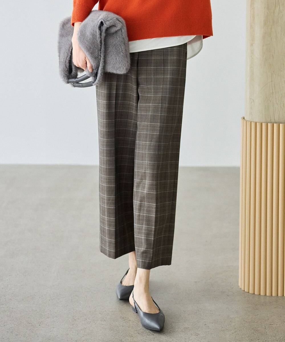 【オンワード】 自由区>パンツ TRギャバ裏起毛チェック柄ワイド パンツ ブラウン 38 レディース