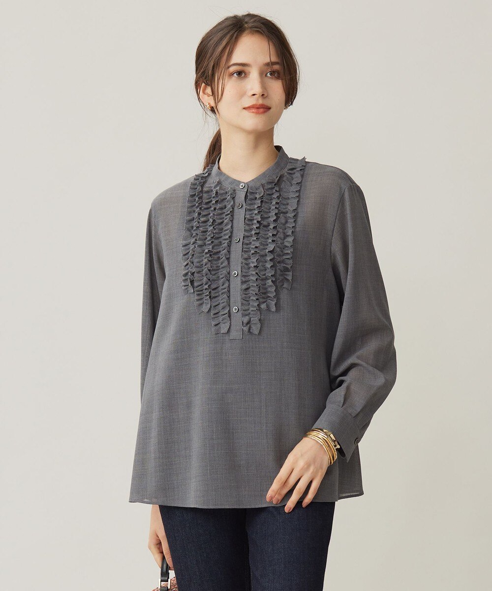 【オンワード】 自由区 L（大きいサイズ）>トップス 【セットアップ対応・洗える】ハイツイストビエラフロントフリル ブラウス TOPグレー 46 レディース