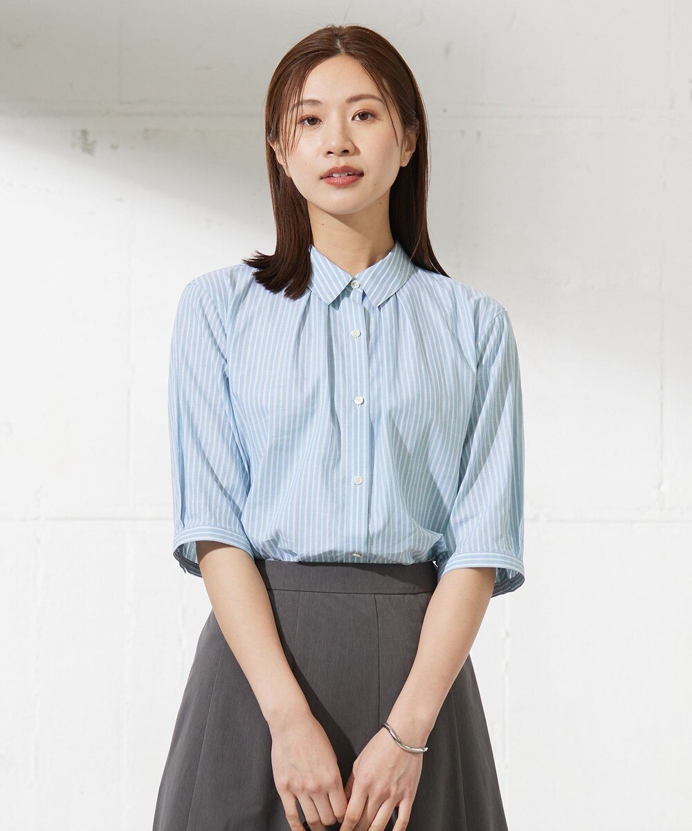 【オンワード】 J.PRESS LADIES S（小さいサイズ）>トップス 【洗える】BEZ空羽ストライプ 前開き シャツカラー ブラウス シーブルー P5 レディース