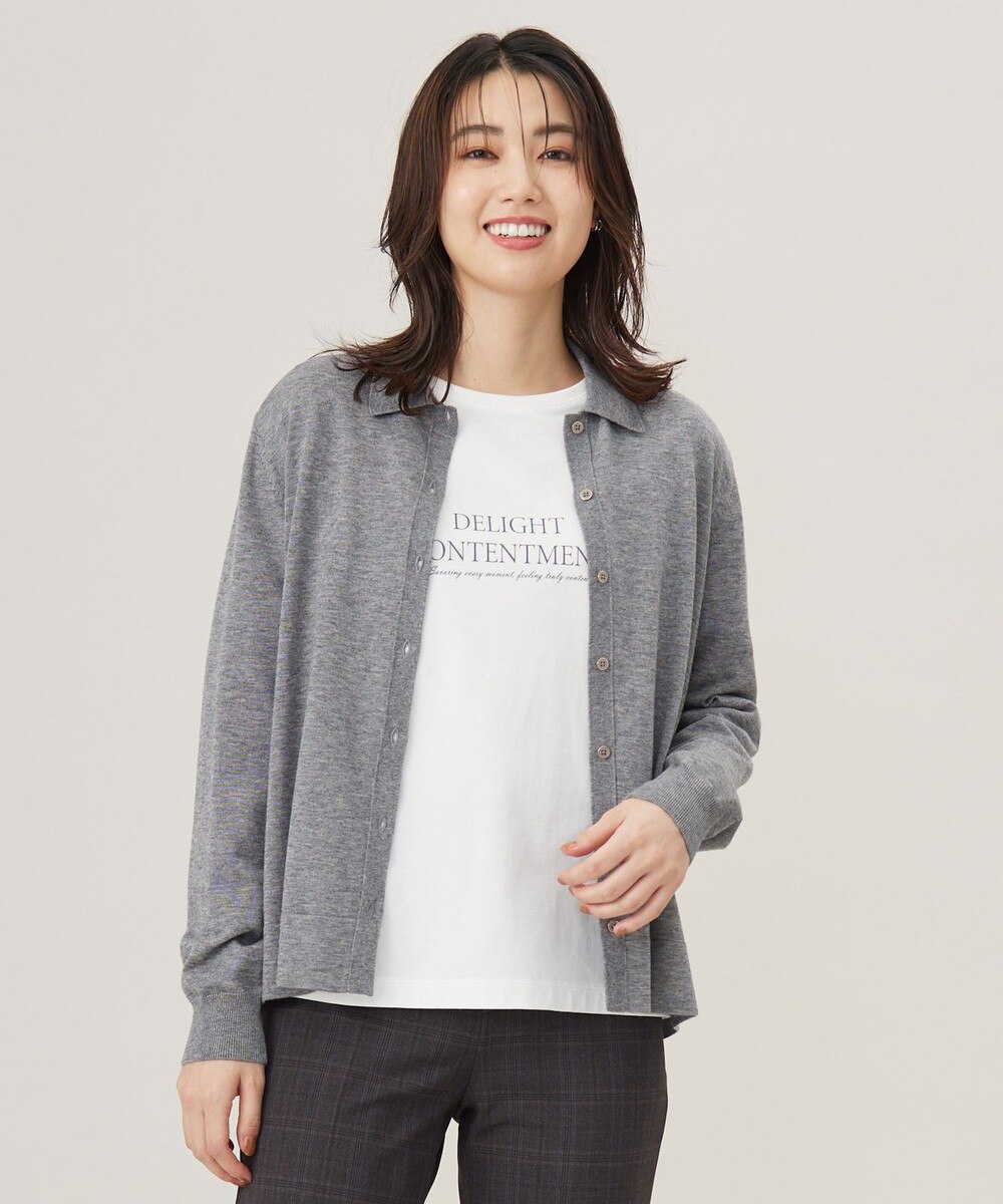 【オンワード】 J.PRESS LADIES L（大きいサイズ）>トップス 【洗える】WORSTED WOOL BLEND ポロ襟付き カーディガン トップグレー T15 レディース