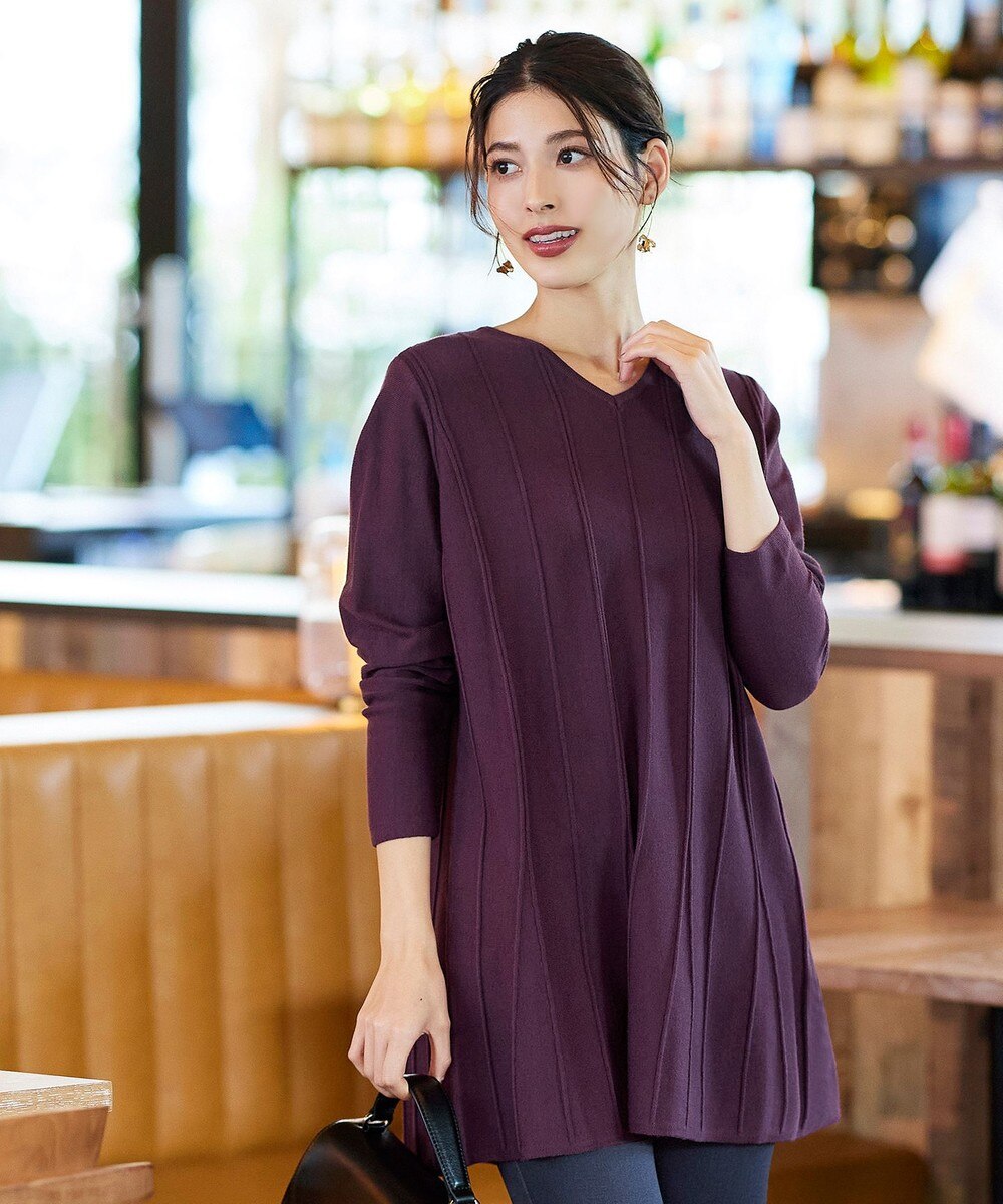 【洗える】ストライプ編みフレアニットチュニック