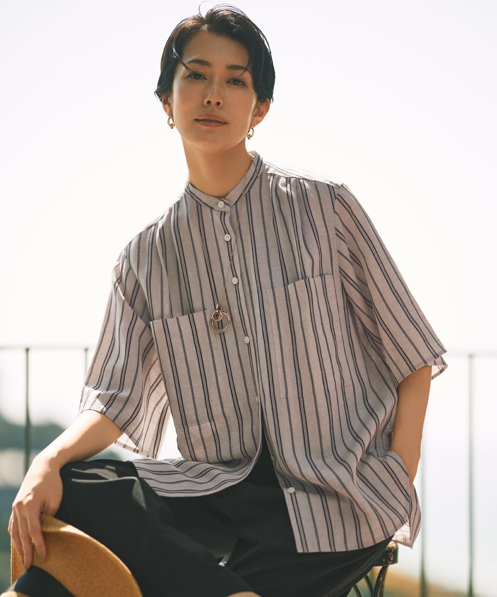 【オンワード】 自由区>トップス 【カタログ掲載・セットアップ対応・洗える】リネンビスコースストライプ シャツ フラックス 38 レディース 【オンワード】 自由区>トップス 【カタログ掲載・セットアップ対応・洗える】リネンビスコースストライプ シャツ フラックス 38 レディース