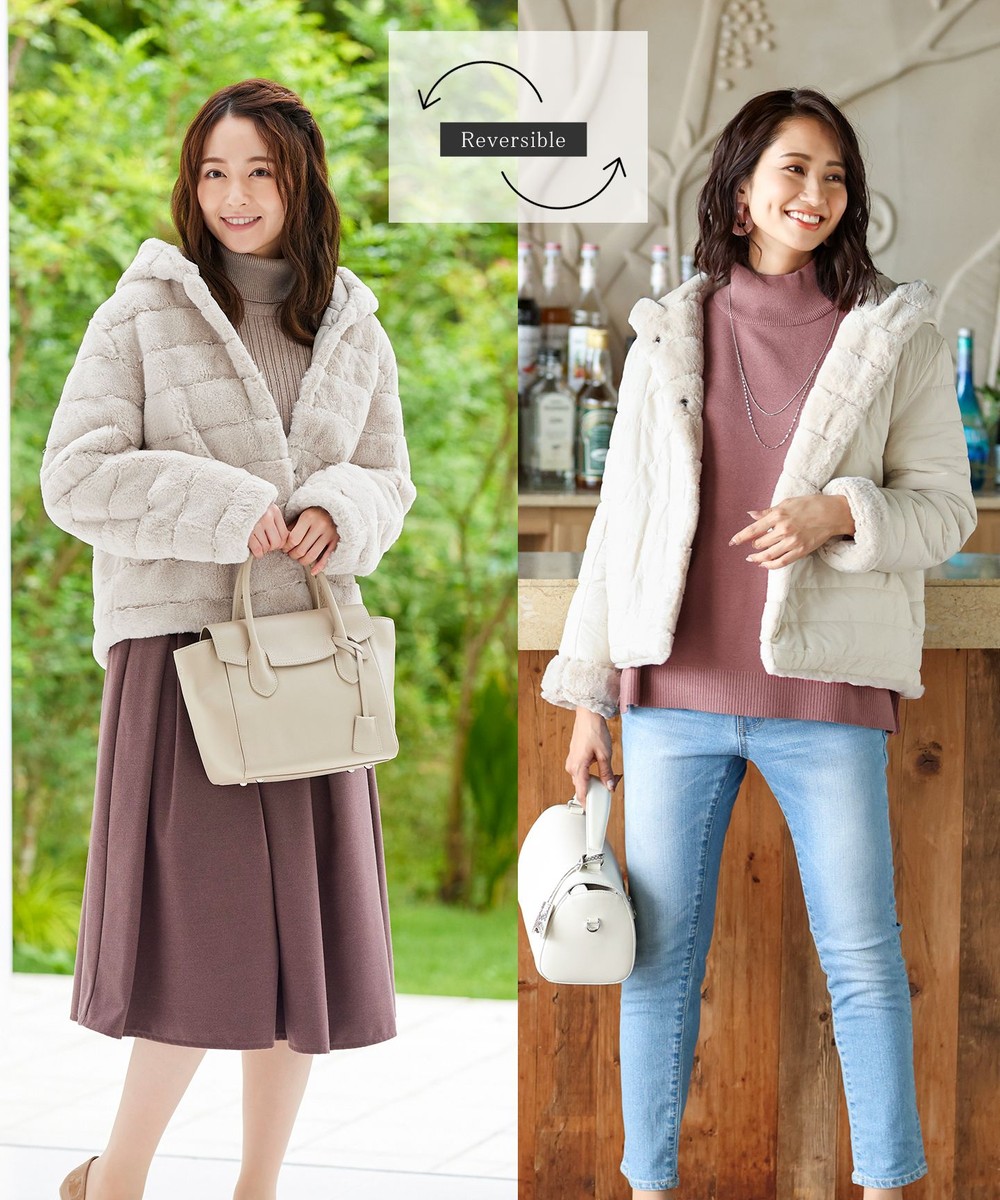 【オンワード】 Tiaclasse>ジャケット/アウター 【2WAY】さらっと羽織れるボーダーファー&キルティングリバーシブルショートコート ベージュ L レディース 【送料無料】