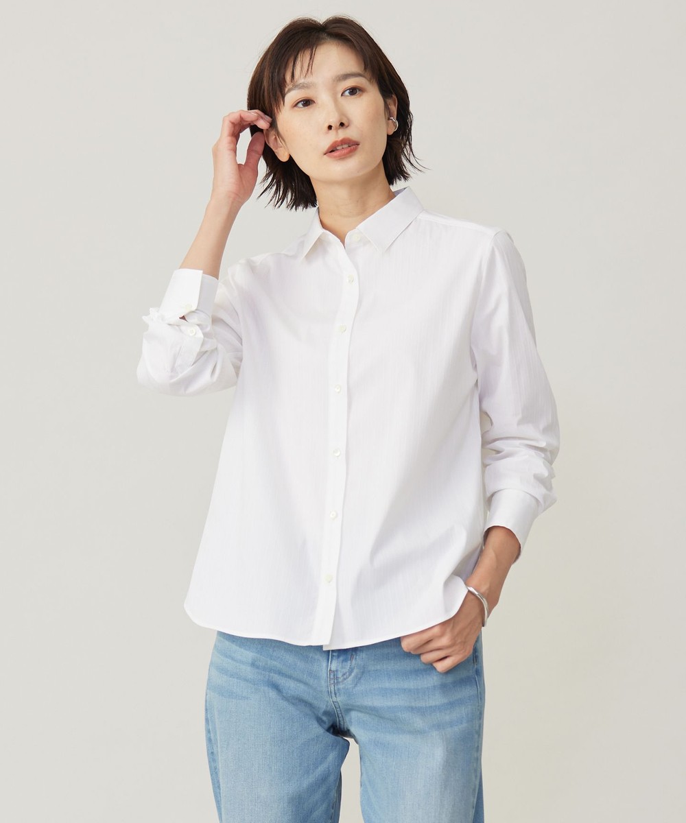 【オンワード】 J.PRESS LADIES L（大きいサイズ）>トップス 【洗える】BEZコットンナイロン ストライプ シャツカラー ブラウス ホワイトドビー T15 レディース