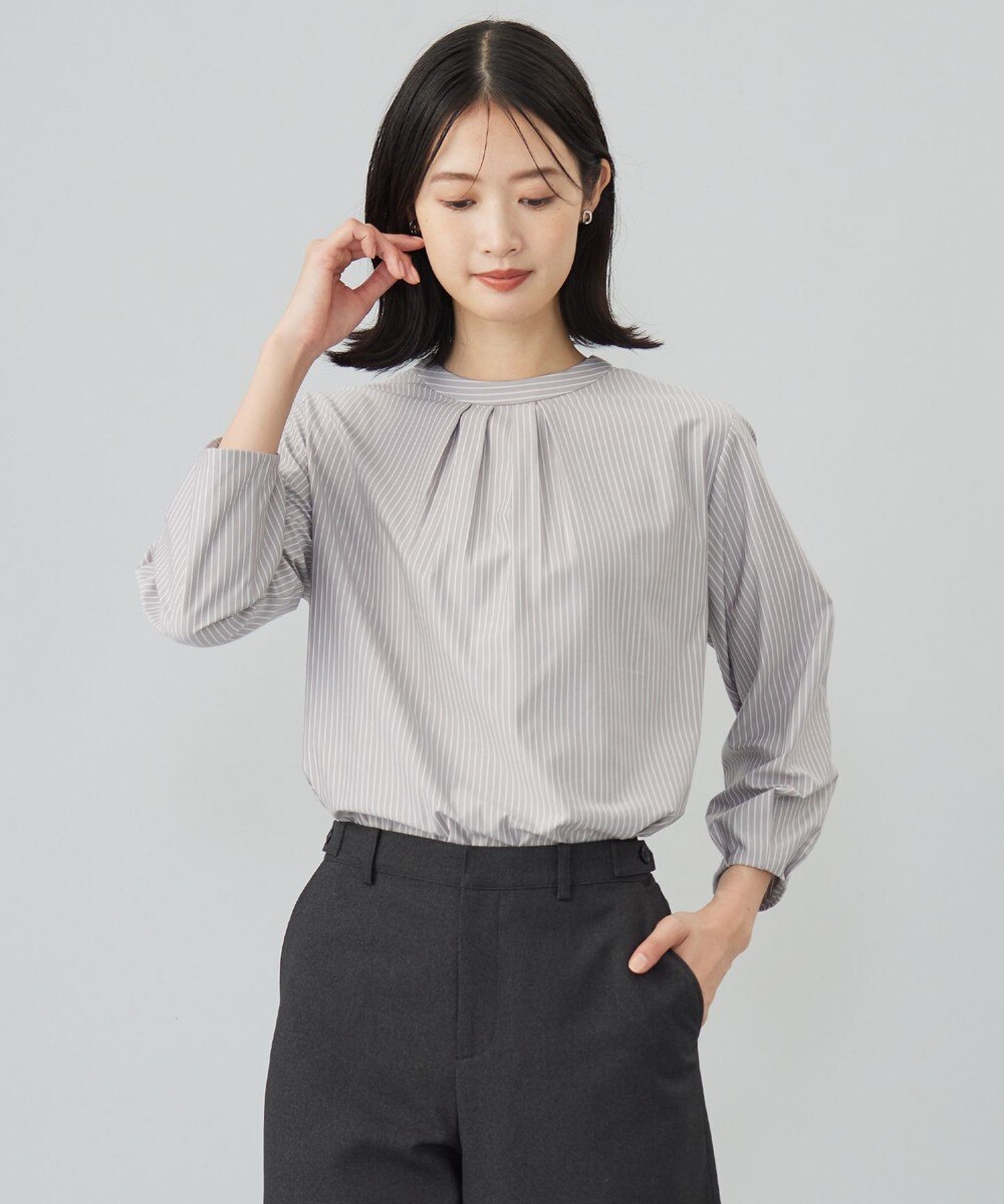 【オンワード】 J.PRESS LADIES L（大きいサイズ）>トップス ストライプジャージー モックネック カットソー グレージュ T15 レディース