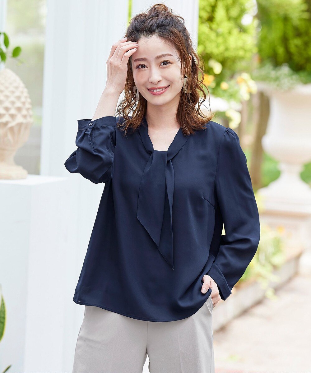 【洗える】大人上品な配色ボウタイブラウス