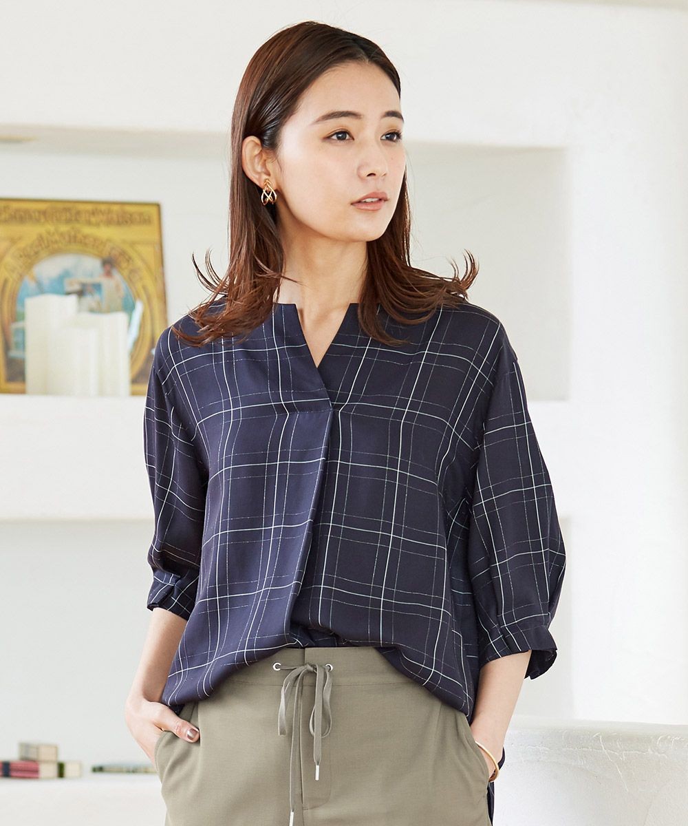 【オンワード】 J.PRESS LADIES>トップス 【洗える】キュプラストライプ＆チェック ノーカラー ブラウス ホワイト 11 レディース 【送料無料】