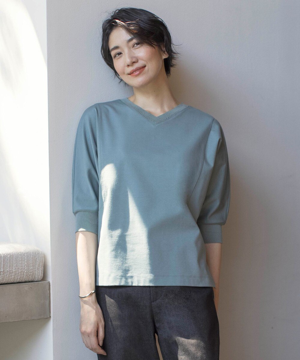 【オンワード】 J.PRESS LADIES L（大きいサイズ）>トップス TCポンチ ニットコンビ ドルマン カットソー ミストグリーン T13 レディース