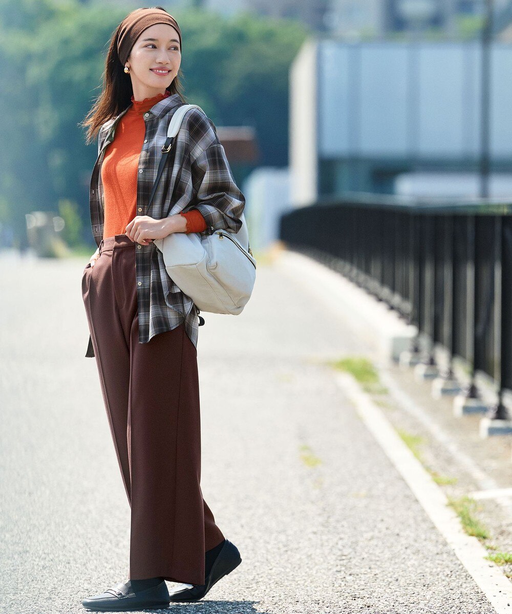 【オンワード】 ANY L>パンツ 【洗濯機可/裏起毛/ウエストゴム/2WAYストレッチ】ウォームワイドパンツ ブラウン XL レディース