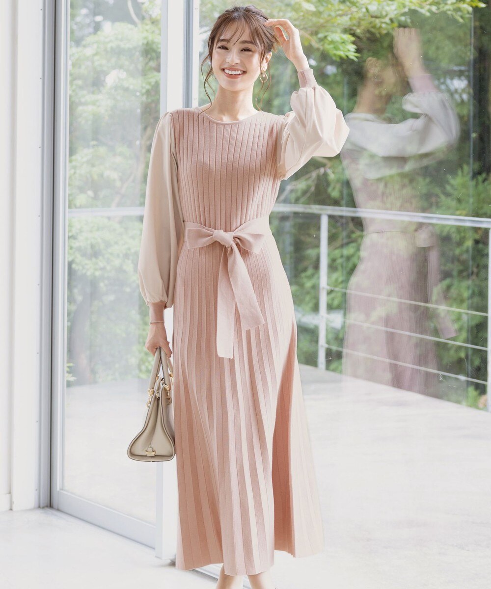 【洗える】パフ袖ニットコンビワンピース