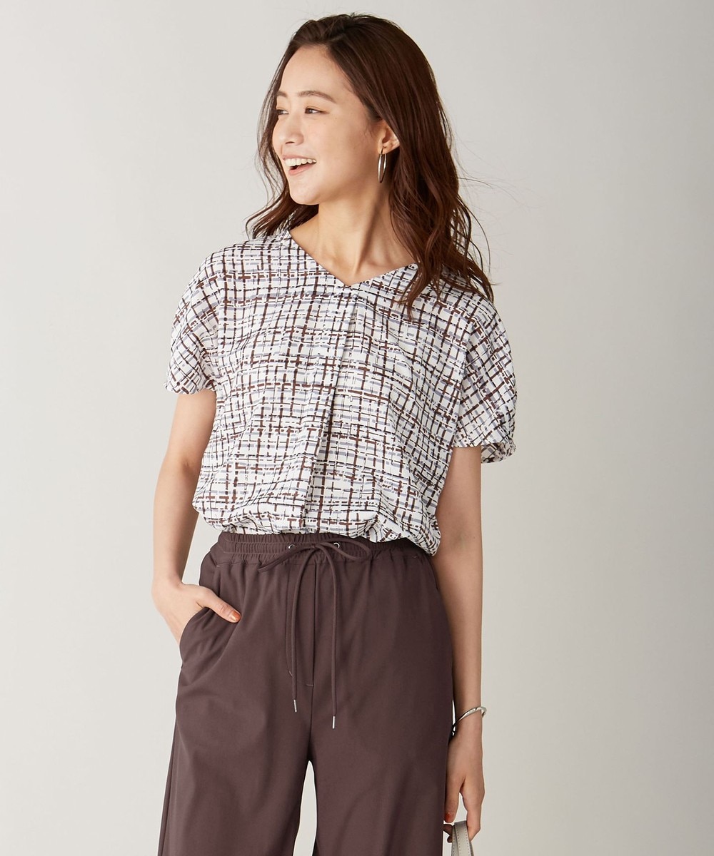 【オンワード】 J.PRESS LADIES L>トップス 【洗える】ポリエステル デシンチェック柄プリント ブラウス サックスブルー T15 レディース 【送料無料】