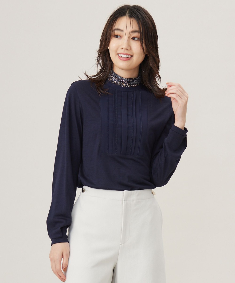 【オンワード】 J.PRESS LADIES>トップス ウォッシャブルウール タック ドットレース カットソー ネイビー M レディース