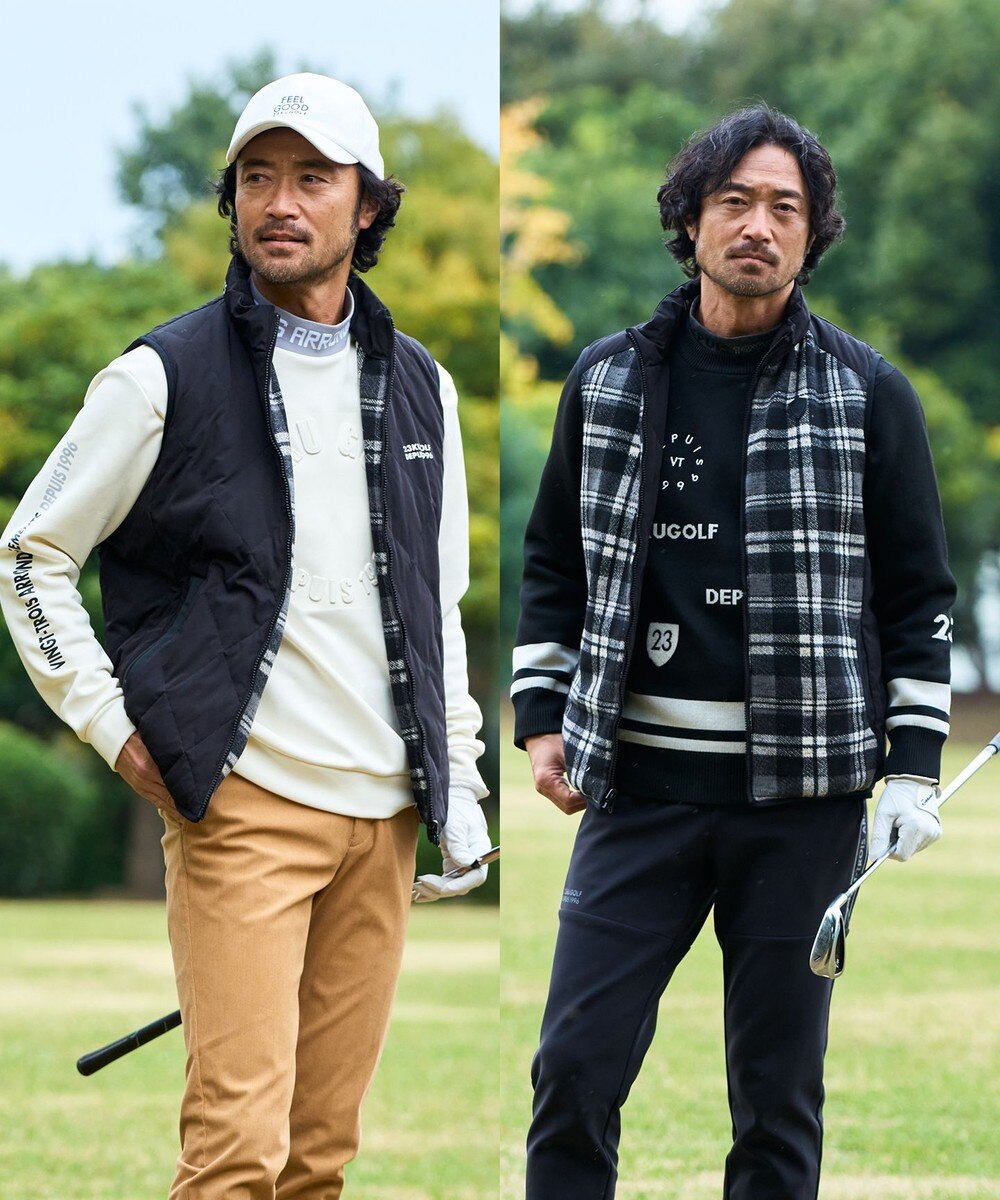 【オンワード】 23区GOLF>ジャケット/アウター 【MEN】両面使える！チェック×無地 ダウンベスト ブラック L メンズ