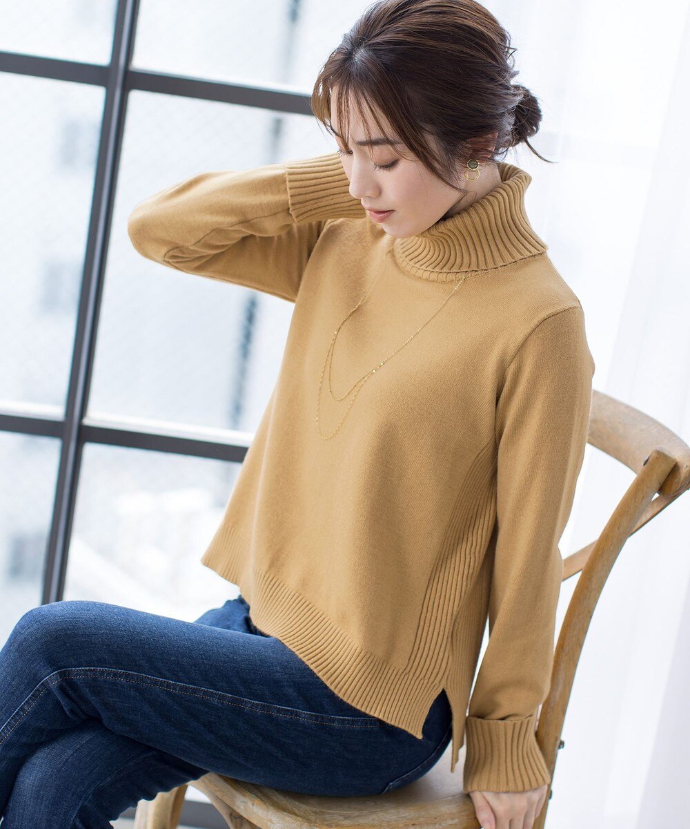 【洗える】もっちり柔らかいリブタートルプルオーバーニット