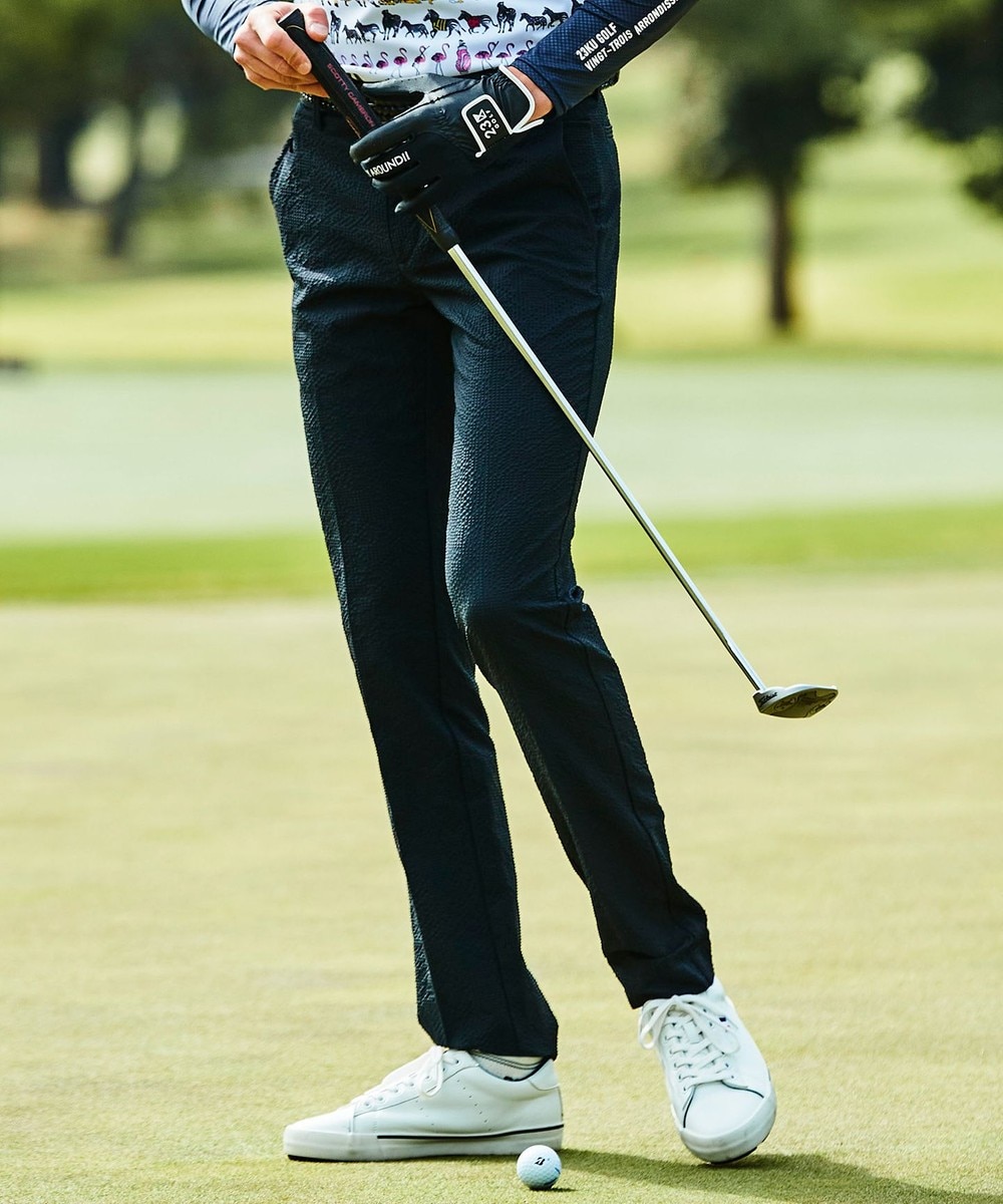 【オンワード】 23区GOLF>パンツ 真夏もフルレングス派に【MEN】【ストレッチ】ポリエステルサッカー 千鳥プリント パンツ ブラック 82 メンズ 【送料無料】