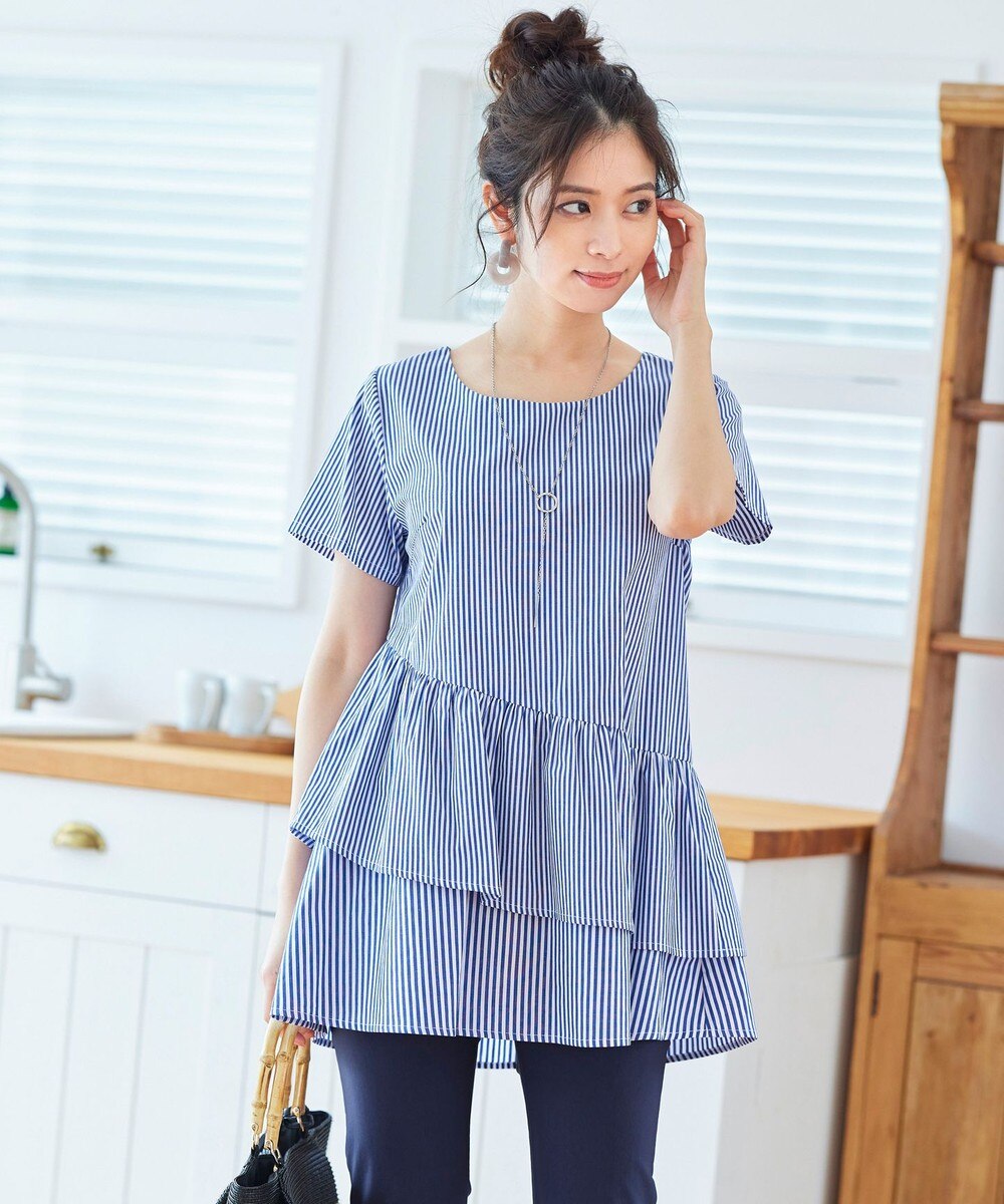 【洗える】大人可愛いストライプ切替ティアードチュニック