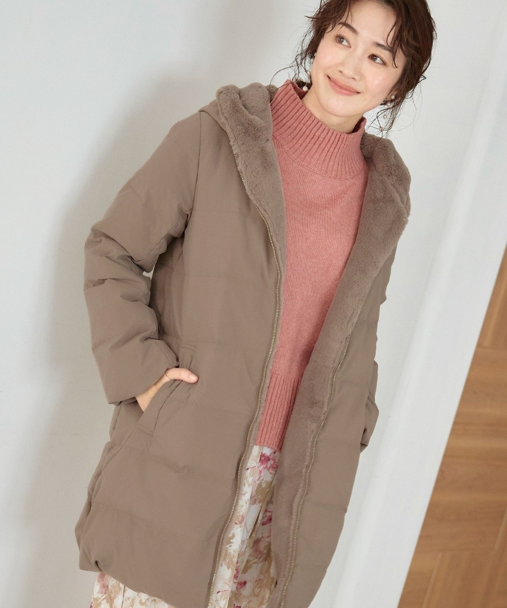 フードフェイクファーロングダウン