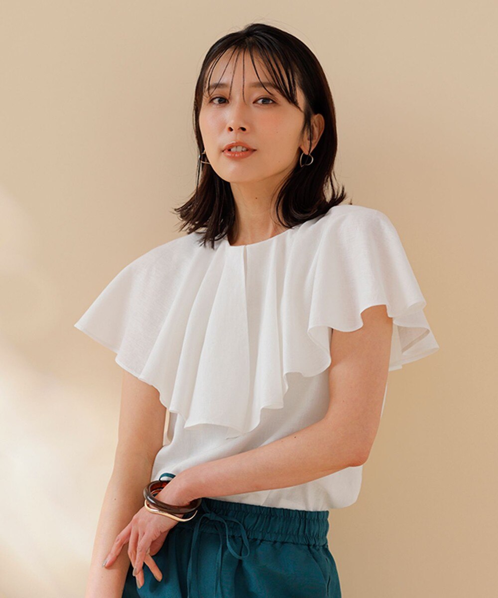 【洗える】リネンレーヨン ラッフルカラーブラウス