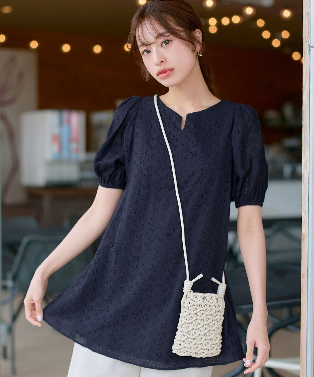 Tiaclasse 【2TYPE/総レース・袖レース】パンチングレースパフスリーブチュニックブラウス 