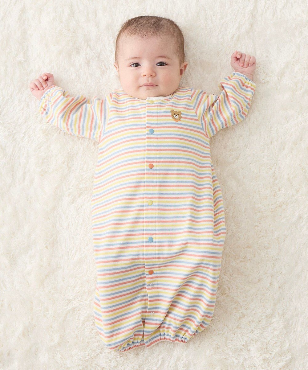 MIKI HOUSE HOT BISCUITS 【50-60cm】 みじんボーダー ワンポイント刺繍 ツーウェイオール 