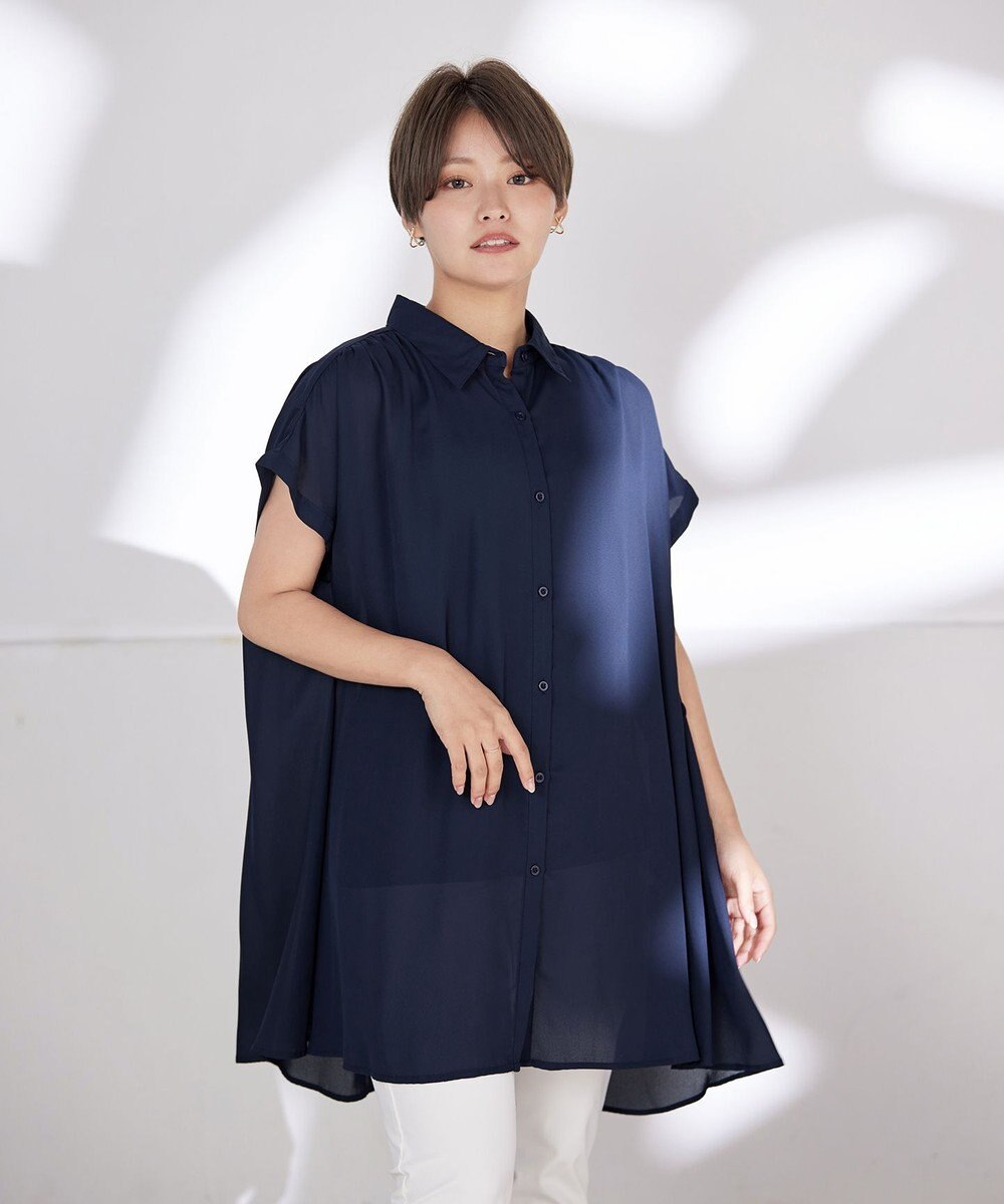 Tiaclasse L 【洗える】フレンチスリーブシャツチュニックブラウス 