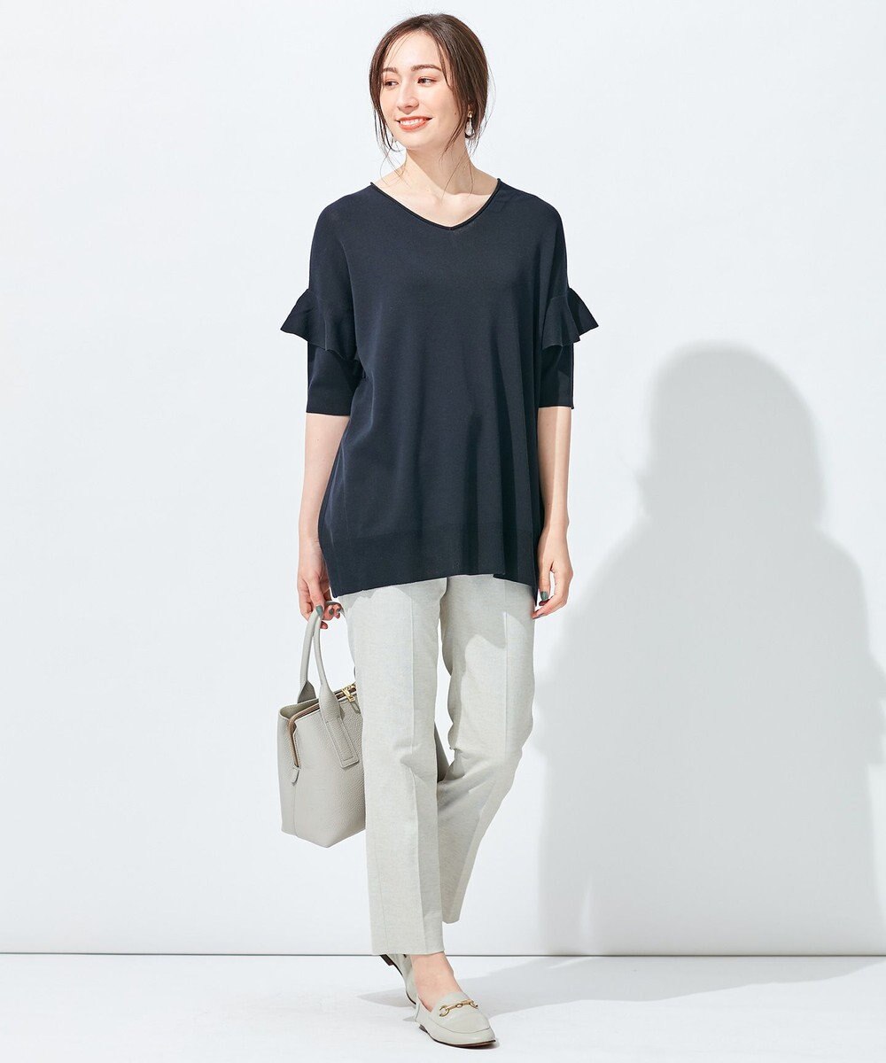 自由区 L 【洗える】ハイツイストコットンアセテート フリルデザインニット 