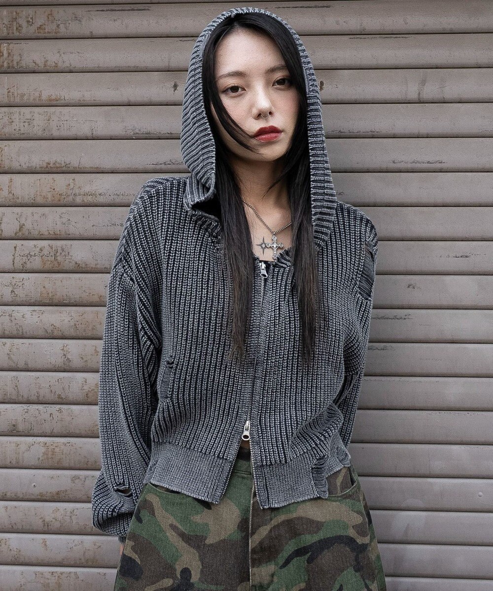 WEGO ダメージニットジップパーカー 