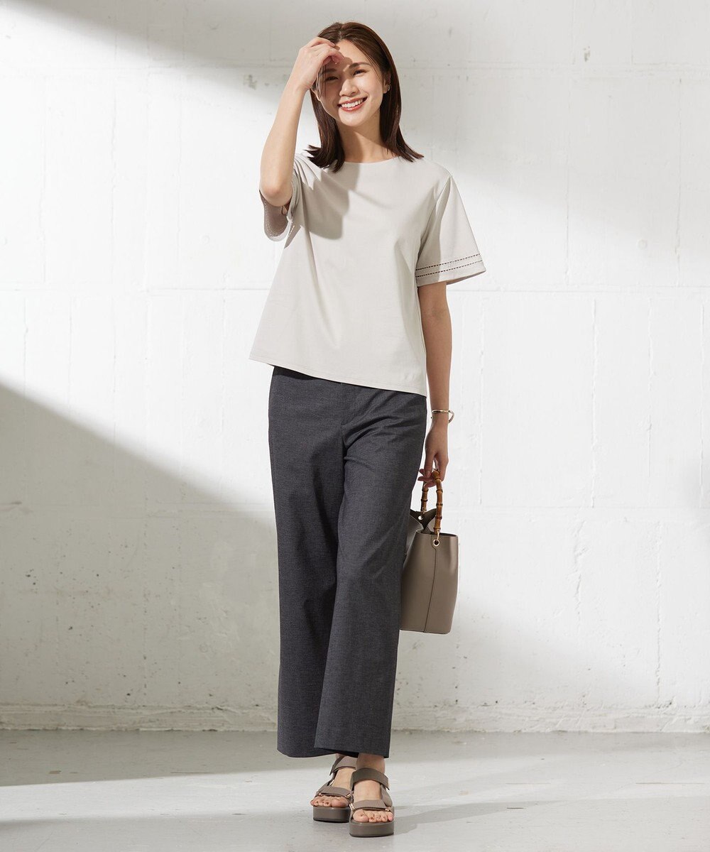 J.PRESS LADIES L 【洗える】麻ポリエステルストレッチ ワイド パンツ 