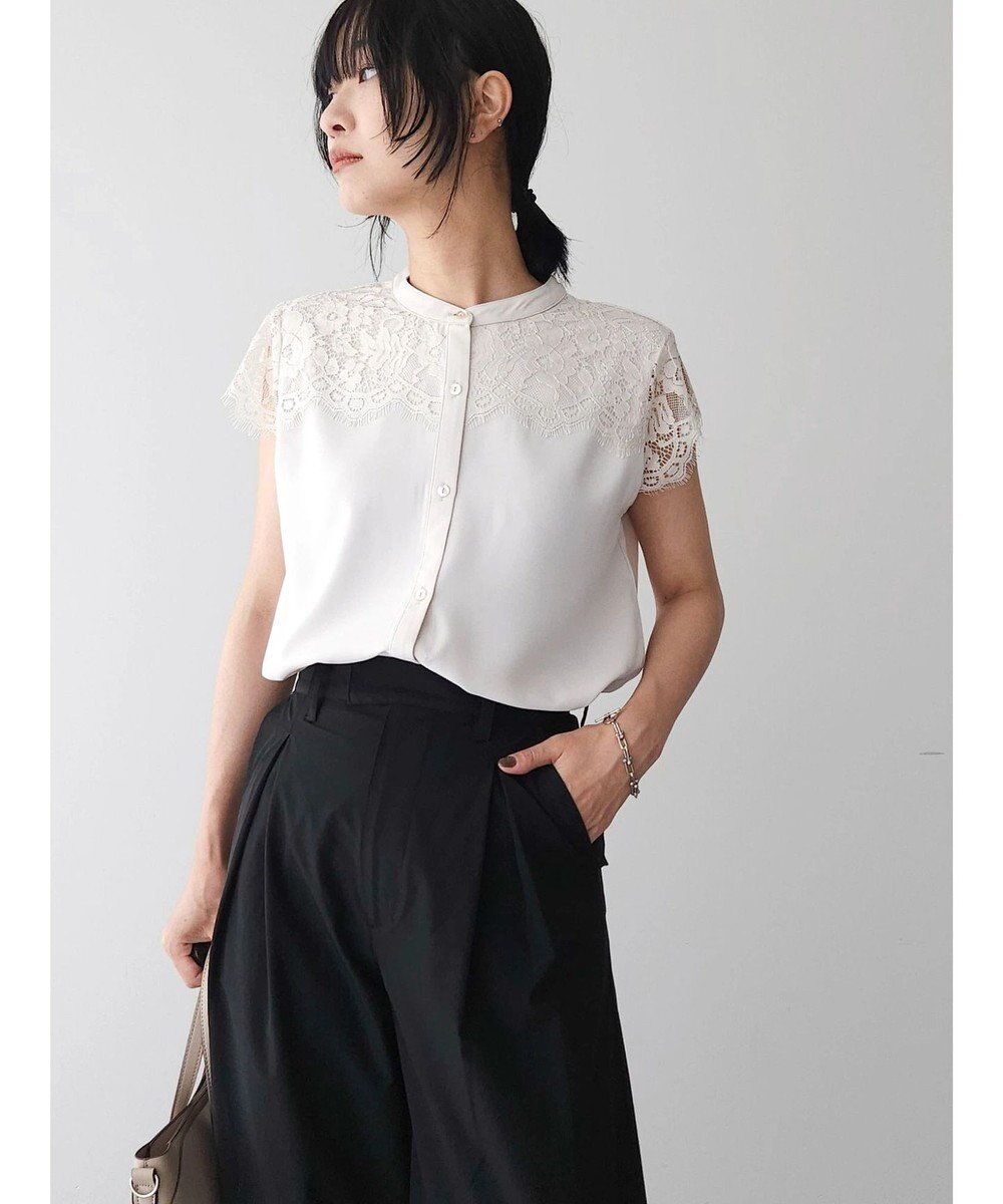 Green Parks 胸元レースフレンチスリーブブラウス 