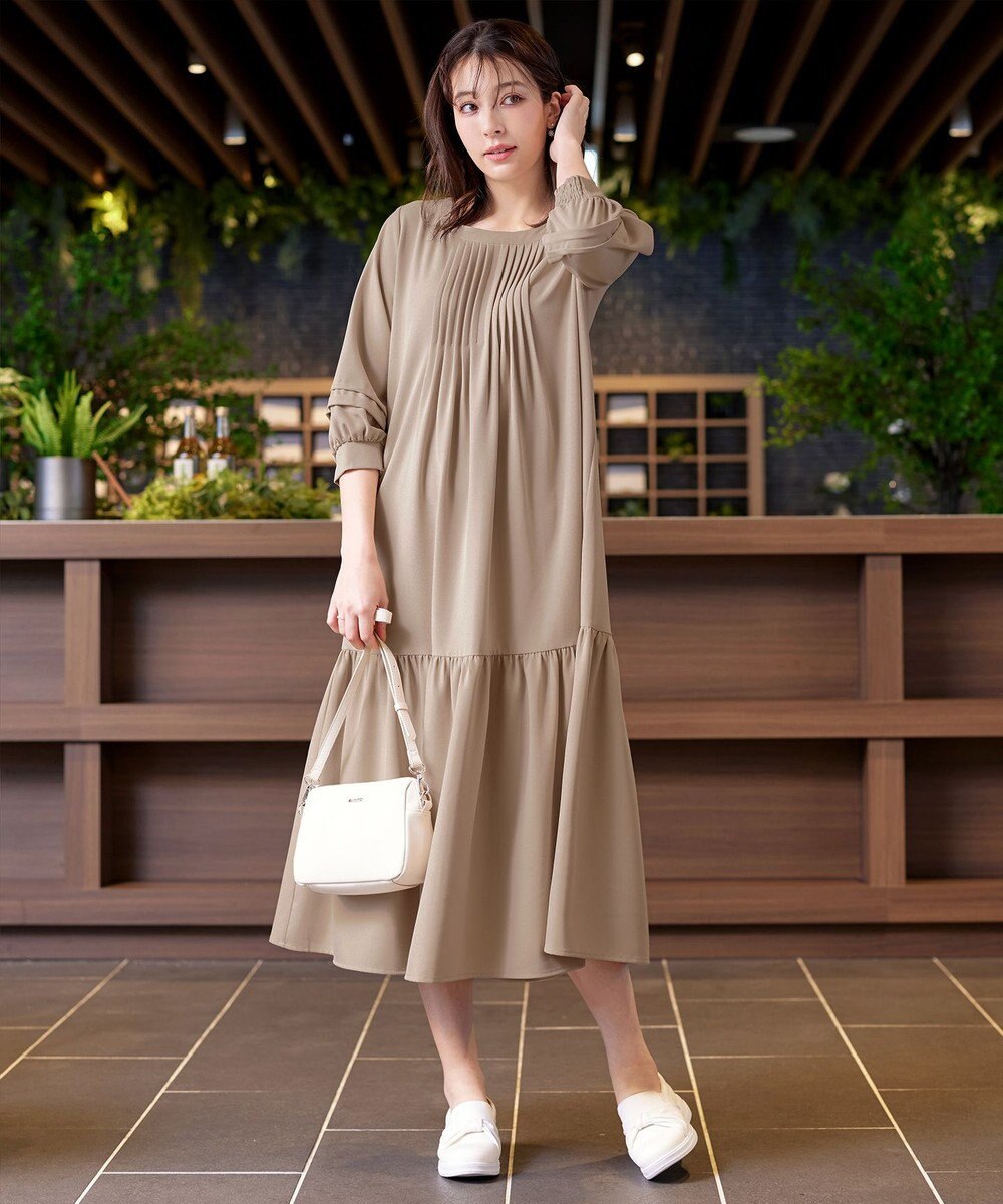 Tiaclasse L 【洗える】パフ袖ピンタックロングワンピース 