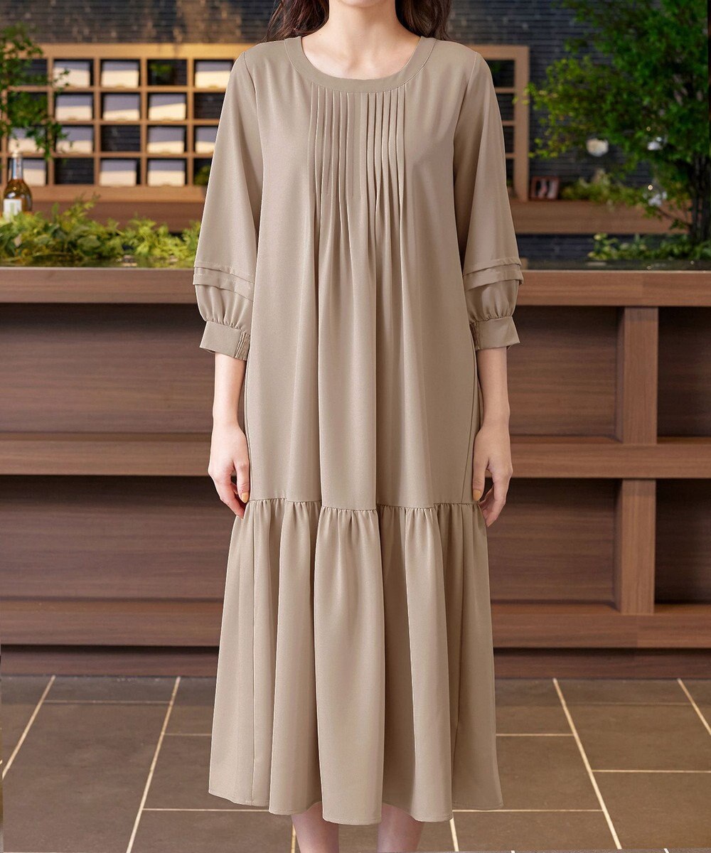 Tiaclasse L 【洗える】パフ袖ピンタックロングワンピース 