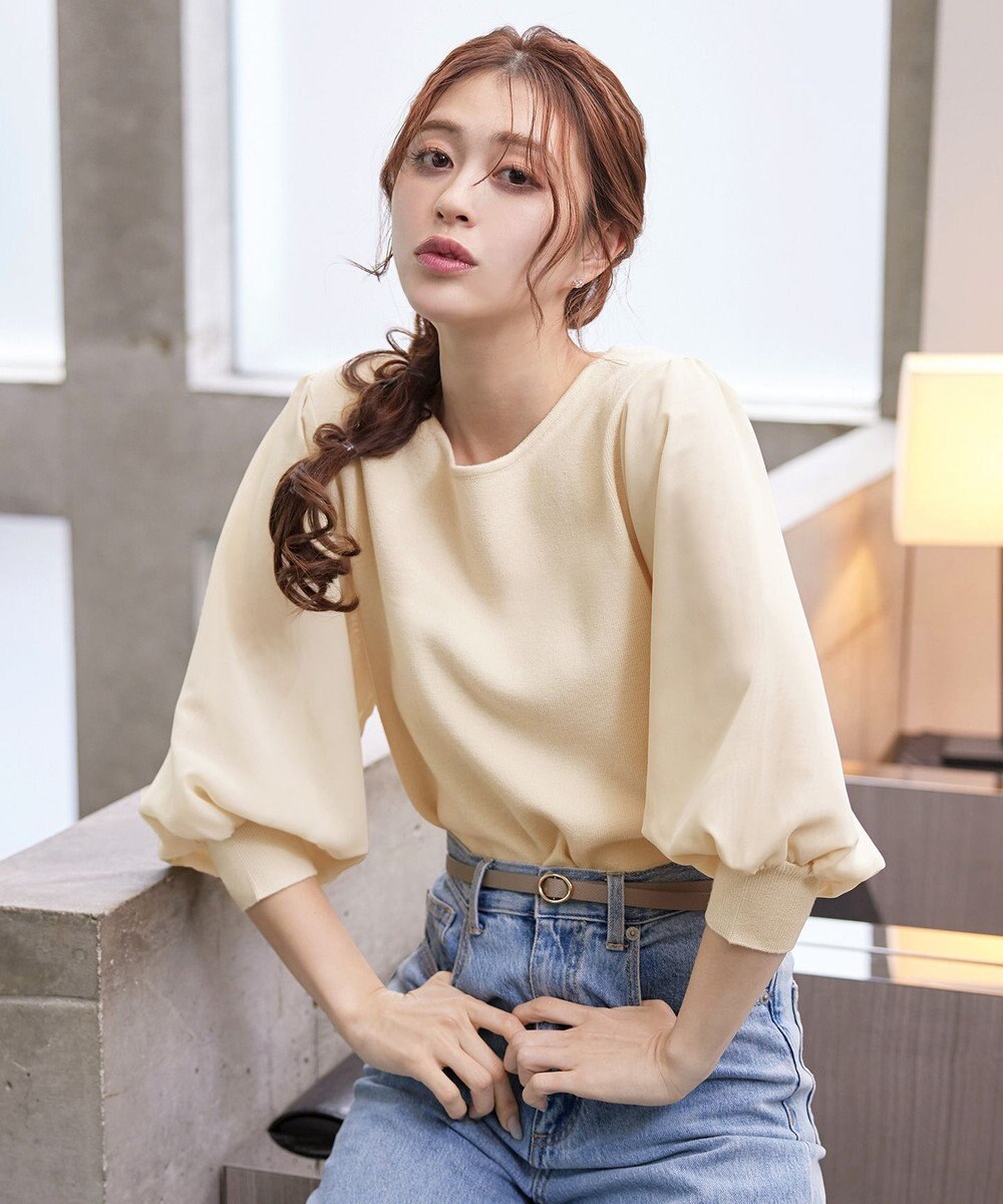 Tiaclasse L 【新色追加・洗える】異素材パフ袖トップス 