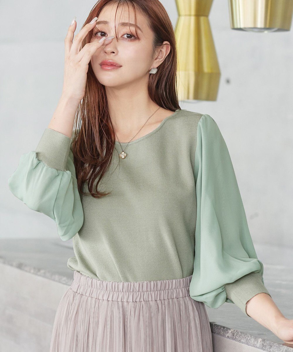 Tiaclasse L 【新色追加・洗える】異素材パフ袖トップス 