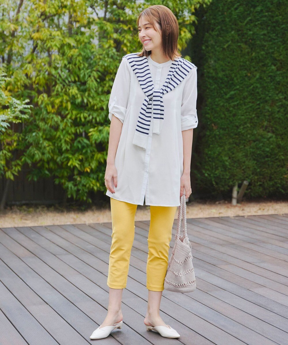 Tiaclasse 【新色追加・洗える】バンドカラーシャツチュニックブラウス 