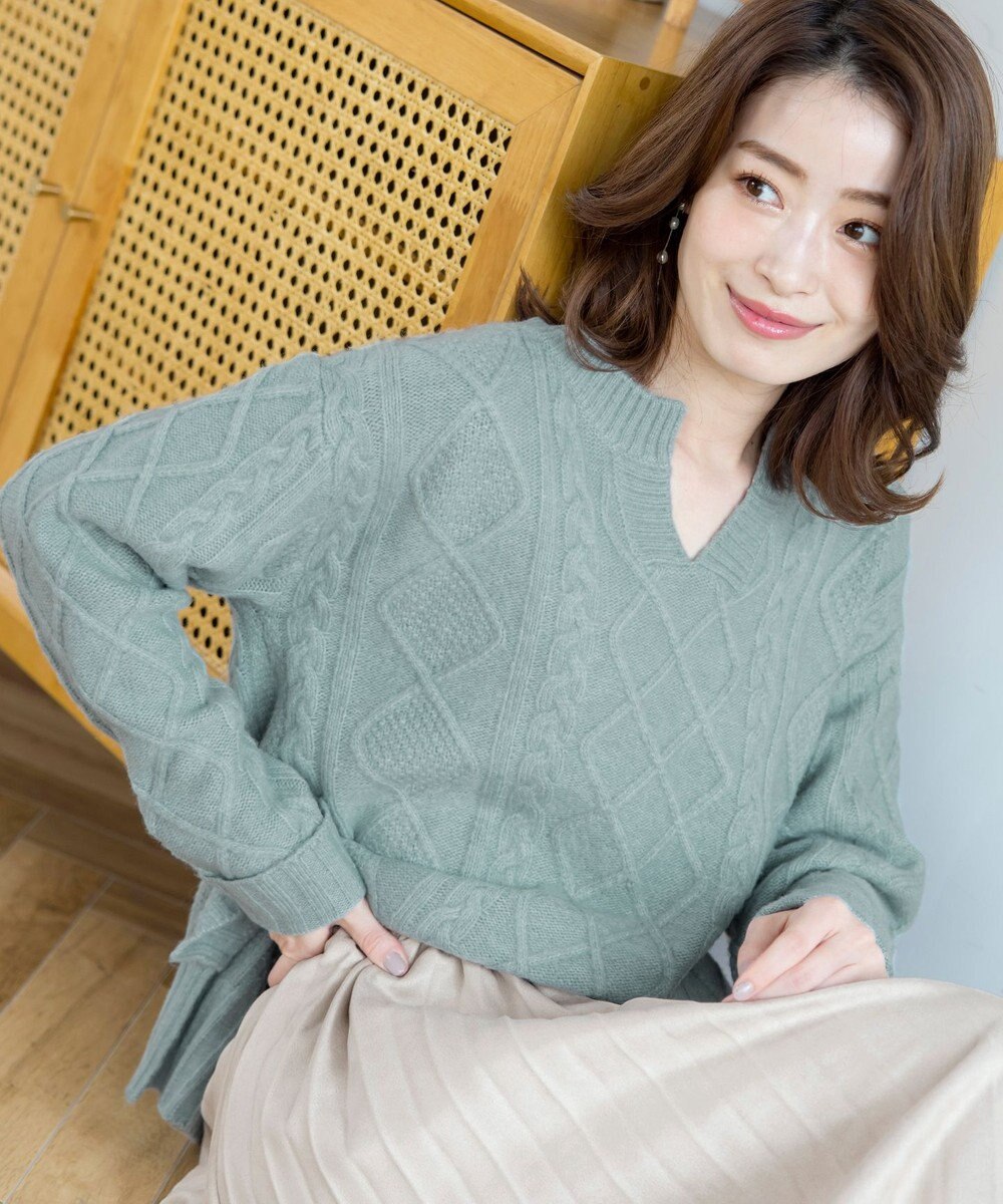 Tiaclasse L 【洗える】アラン柄キーネックニットトップス 