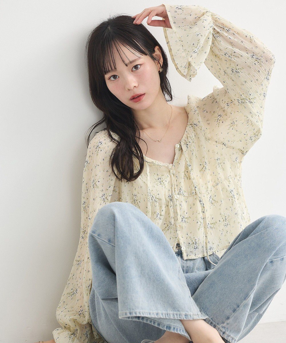 earth music&ecology ナローリボンくしゅくしゅギャザーブラウス 