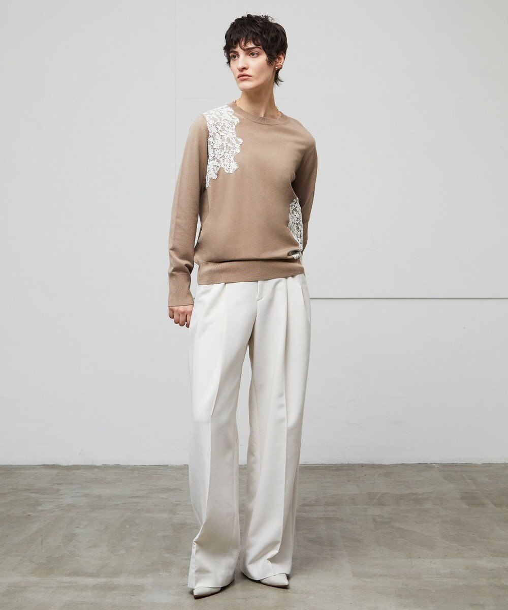 BEIGE， 【ご好評により新色追加！洗える】WILLOW / アシンメトリーレースクルーネックニット 