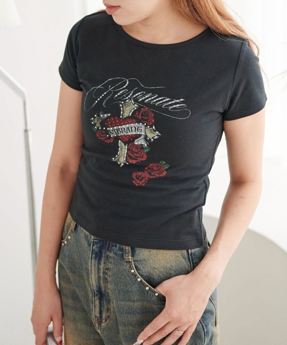 WEGO ラインストーンハートグラフィックちびT 