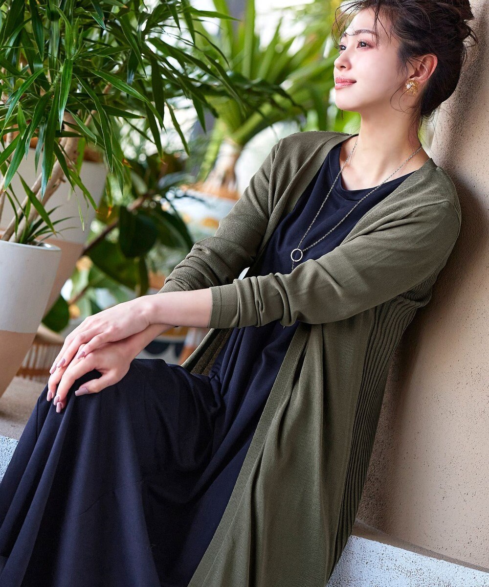 Tiaclasse 【洗える】バックリブプリーツ編みロングカーディガン 